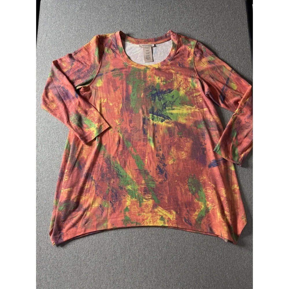 Philosophy Women's Coral, Orange, Green Geometrical Print Long Sleeve Blouse 1X